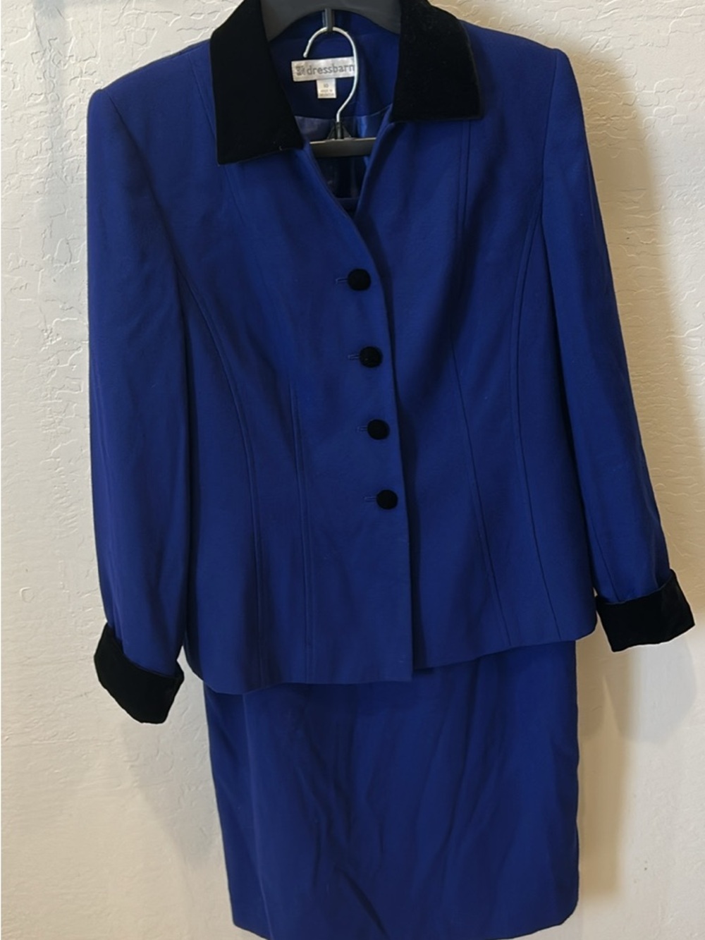 Vintage dressbarn Cobalt Blue Skirt Suit with Black Velvet Trim
